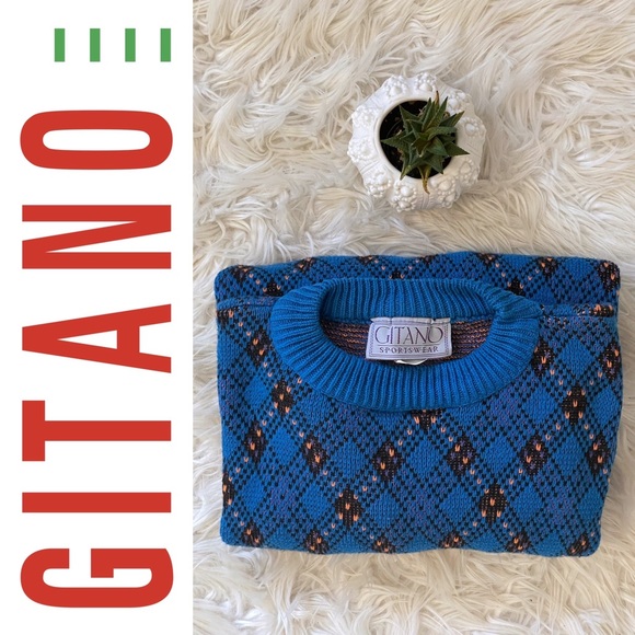 EUC vintage GITANO Sportswear 1990s cotton crewneck dad sweater, blue w/ pattern - Picture 11 of 14